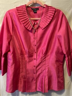 Bob Mackie Bright Pink Pleated-Collar Button Front Blouse